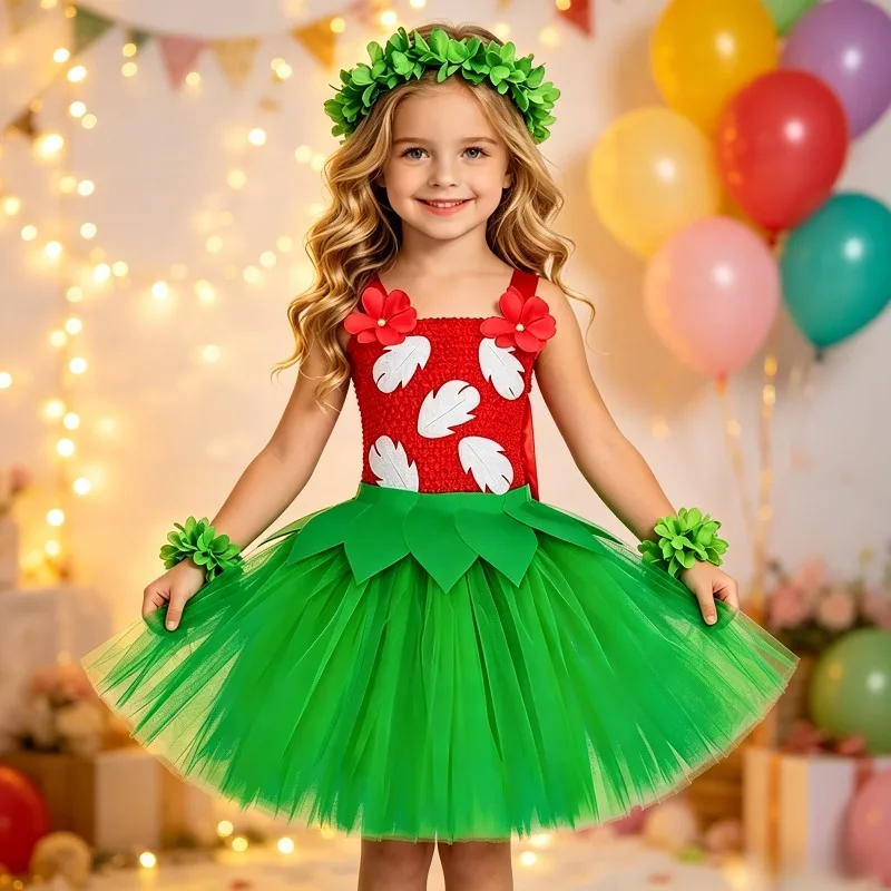 Kids Girls Hawaiian Leaf Tutu Dress Flower Garland Wristbands Hawaii Princess Costume  Beach Party Ballet Cosplay Fancy Outfit