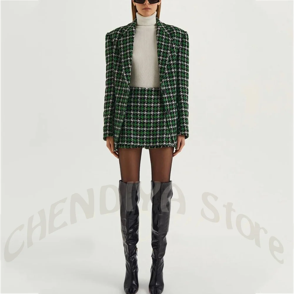 New Houndstooth Women Suit 2 Piece Blazer Mini Skirt Peak Lapel Slim Fit Elegant Outfit Office Party Daily Fashion Matching Set