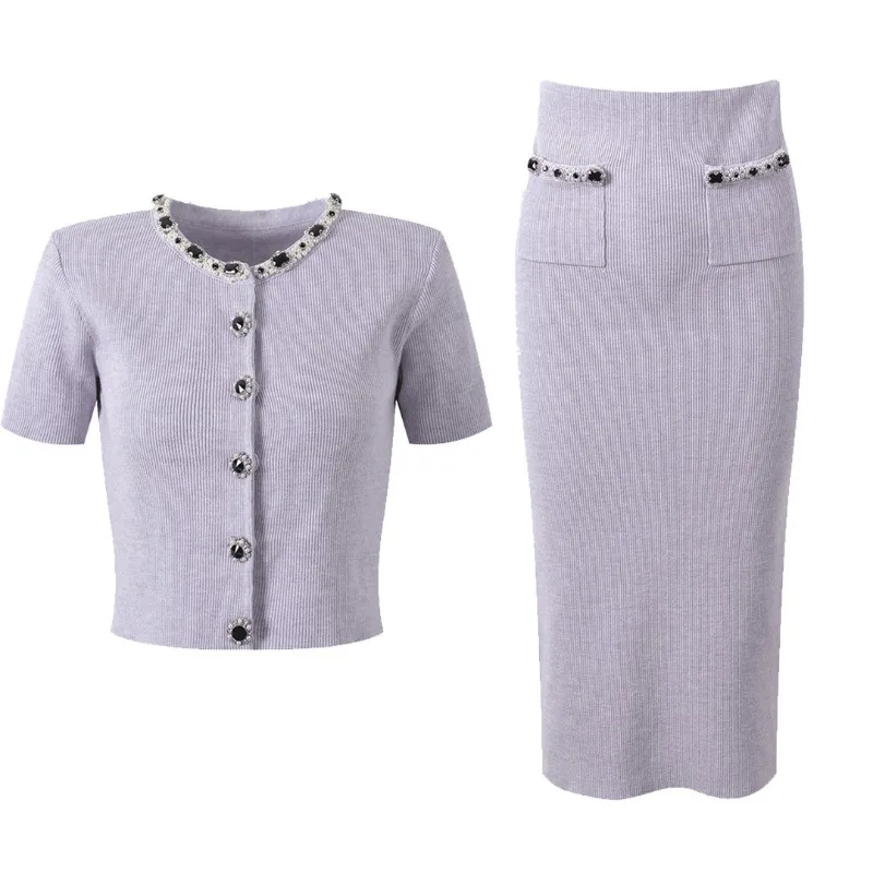 Heavy Industry Nailed Diamond Cardigan Jacket Fishtail Skirt Knitted Two-piece Set Xiaoxiangfeng Fashion Set