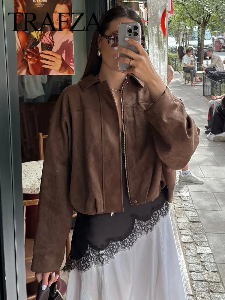 

TRAFZA Vintage Women's Suede Bomber Jacket Solid Long Sleeves Lapel Zipper Coats 2025 Autumn Chic Streetwear Casual Lady Outwear