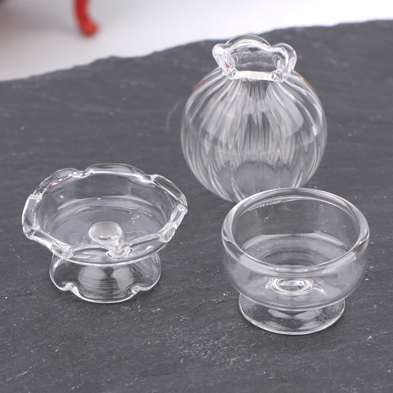 Vase en verre Miniature pour maison de poupée 1:12, tasse à Dessert, bouteille de vin, bouteille de souhait avec bouchon, décoration de maison, jouet, accessoires pour maison de poupée