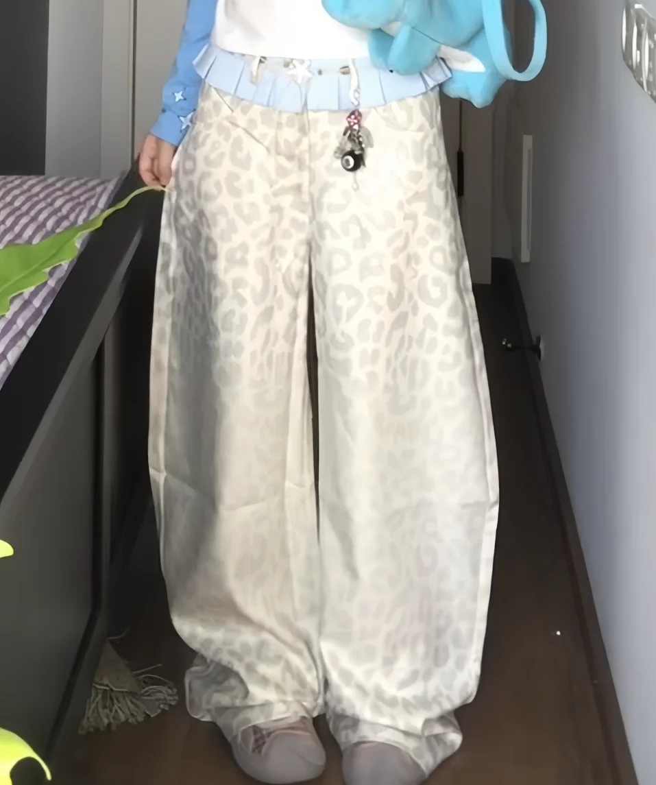 Y2K Leopard Print Pants Women Color Block Patchwork Design Retro Skirt Style Loose Wide Leg Casual New