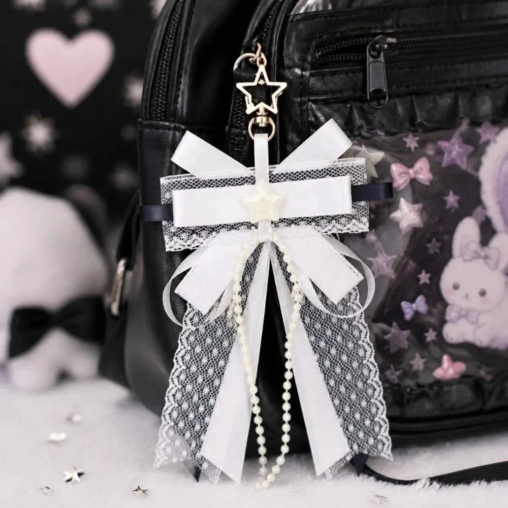 Star Lolita Polka Dot Lace Bow Pendant Long Streamers Handmade Jewelry Itabag Keychain Charm Imitation Pearl Itabag Decoration