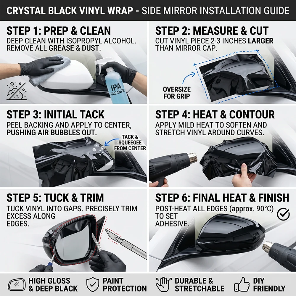 PET Crystal Black Car Rearview Mirror Vinyl Wrapping Film Self Adhesive Glossy Car Film Air Bubble Free Color Change Decor Film - view 6