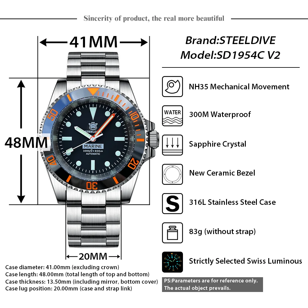 STEELDIVE-Montre Mécanique Watermesurost NH35 pour Homme, Modèle SD1954C, Étanche à 30Bar, Rétro