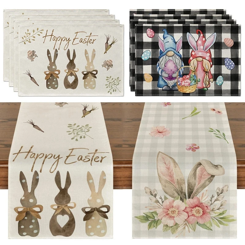 

Easter Bunny Table Runner Linen Gnome Eggs Rabbit Dining Table Cloth Easter Placemat Decoration For Home Kitchen 2024 Spring