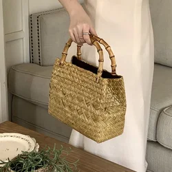 Borsa Vintage nodo di bambù manico in legno borsa da donna intrecciata con erba d'acqua borsa da spiaggia da viaggio per vacanze al mare cestino per verdure da Picnic