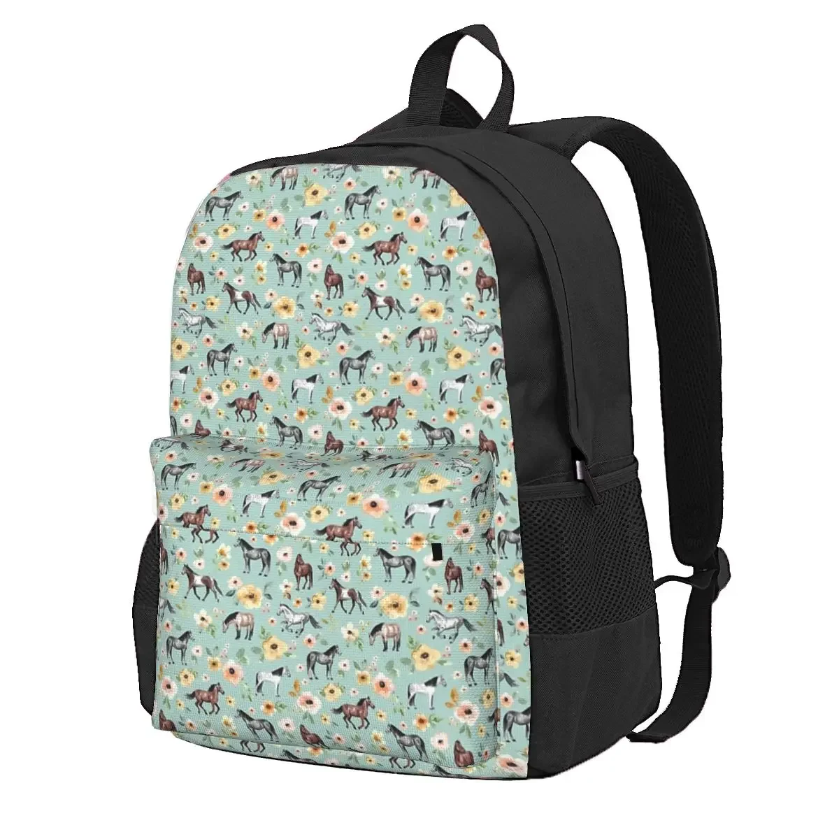 Floral, Blue, Horse Decor, Backpack Student Backpack School Bag Hiking Travel Daypack for Boys Girls Fashion Bookbag