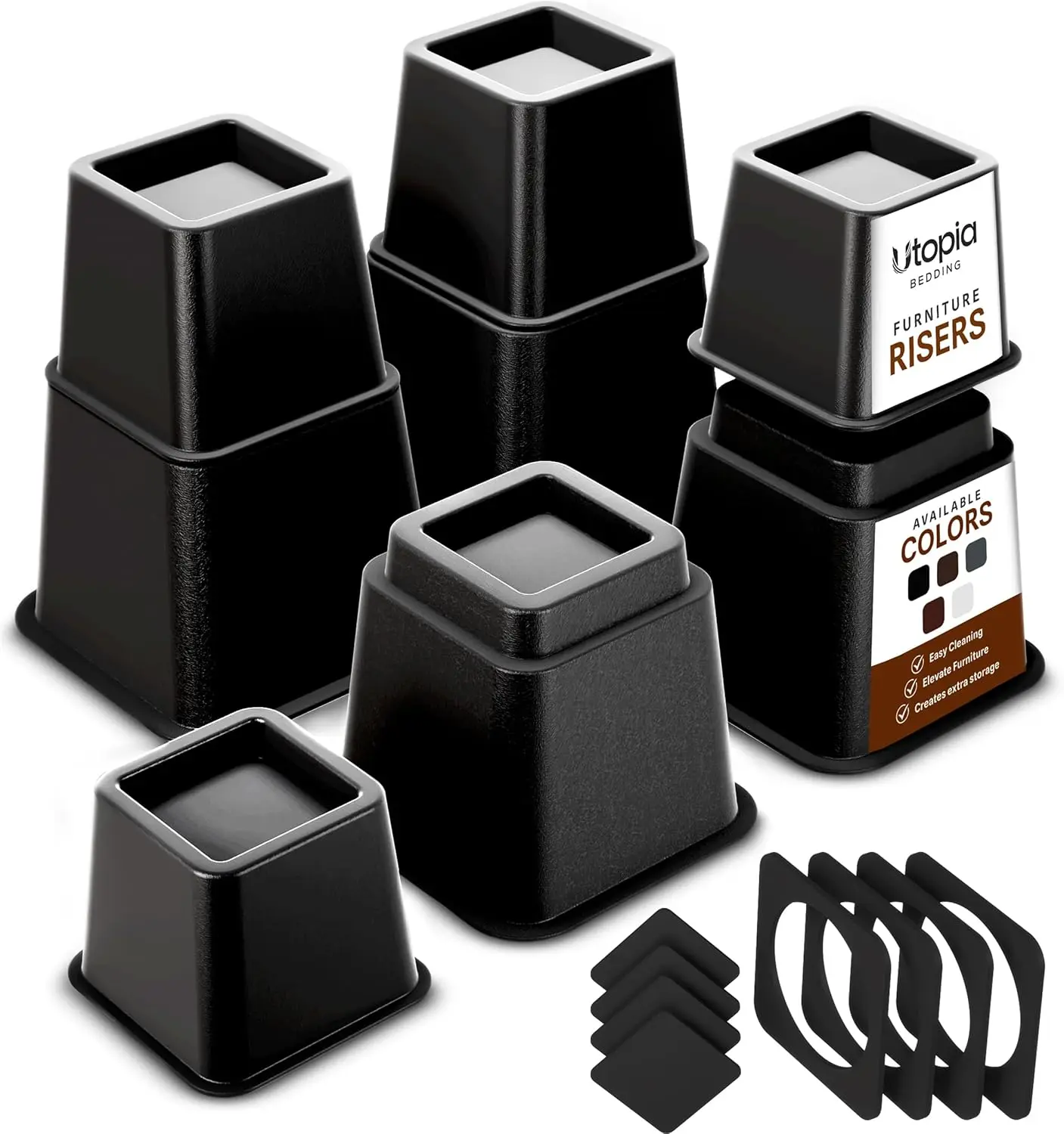 

Adjustable Furniture Risers, 3 & 5 Inches, 8 Inch Combined Lift, Supports 1300 lbs, Black 4 Pack
