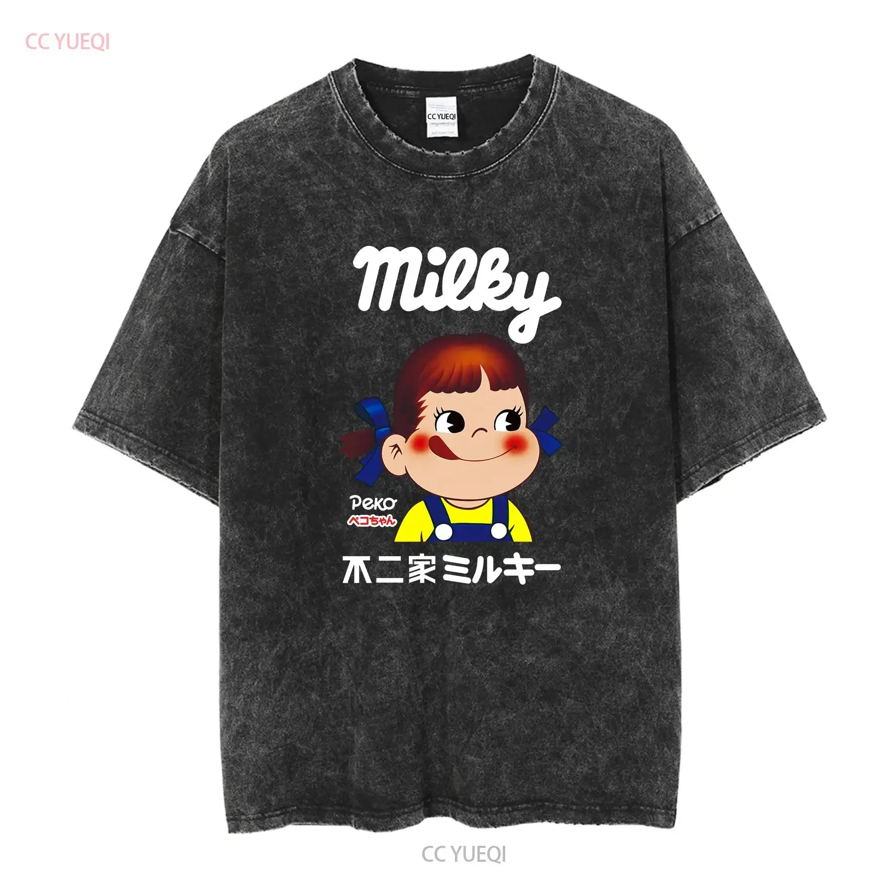 NEW Milky Peko chan Classic American Funny Logo Men's T Shirt Size S 5XL vintage Washed streetwear Stylish Soft Casual fashion