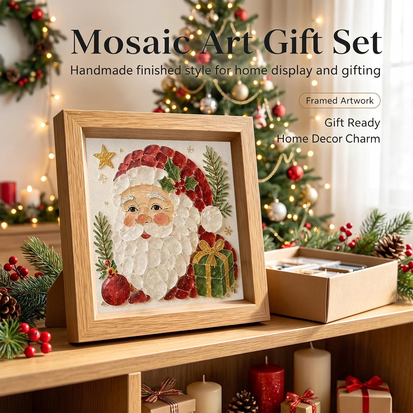 DIY Mosaic Kit 8 Projects Pre-Printed Canvas Board Polished Glass Pieces Tweezers Wood Easel Calming Craft
