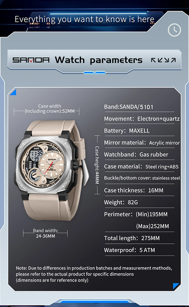 SANDA SD5101 موضة جديدة للرجال ساعة إلكترونية مقاومة للماء للصدمات رياضية مضيئة التقويم الساعات الرقمية للرجل