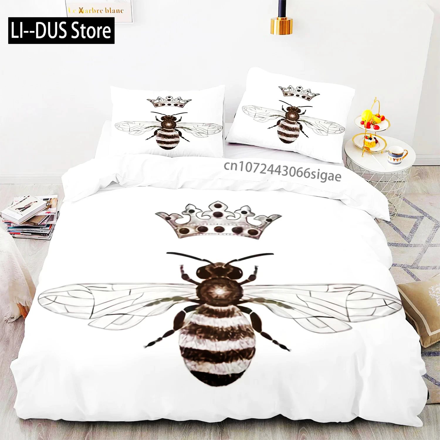 

3D Bee Print Duvet Cover Set For Boys Teens Polyester Bedding Set King Queen Size Yellow White Black Duvet Cover Bed