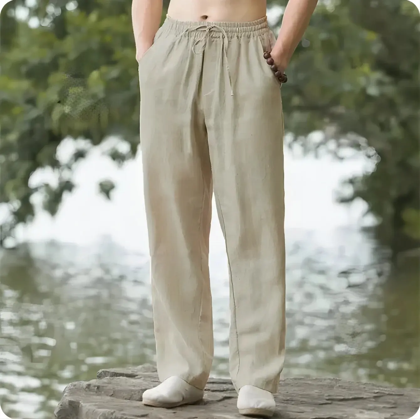 Men's Cotton Linen Blend Casual Pants Loose Wide Leg Trousers Lightweight Summer Streetwear Breathable Elastic Waist Drawstring