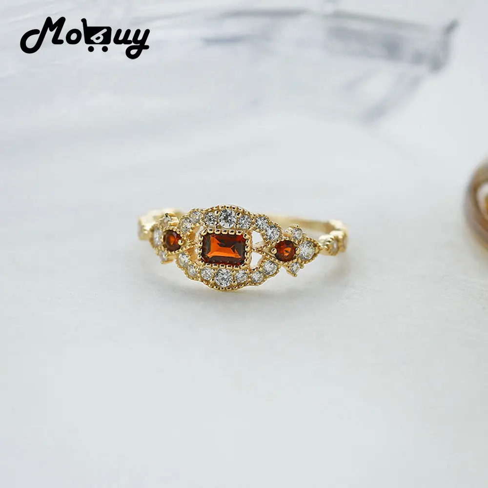 

MOBUY элегантное кольцо с натуральным красным гранатом и драгоценным камнем для женщин, ретро-стиль, стерлинговое серебро 925 пробы, позолоченное обручальное ювелирное изделие
