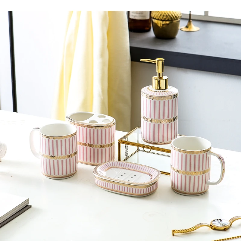 Striped Gold Plated Ceramics Bathroom Accessory Set Toiletry Tools with Tray Soap Dishes Toothbrush Cup Toiletries Supplies