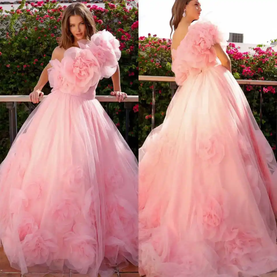 優雅なピンクの花のイブニングドレス エレガント ワンショルダー ノースリーブ フロアレングス スイープトレインガウン 特別な女性パーティードレス