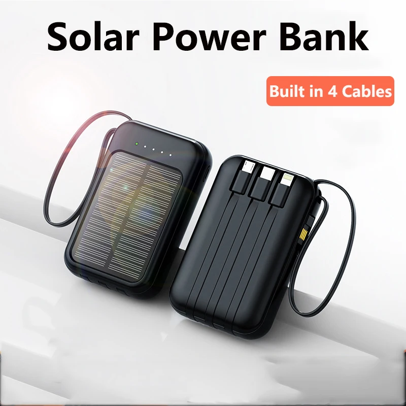 

Mini Solar Power Bank 20000mAh Built in Cable Portable Charger Powerbank for iPhone Samsung Huawei Xiaomi External Spare Battery