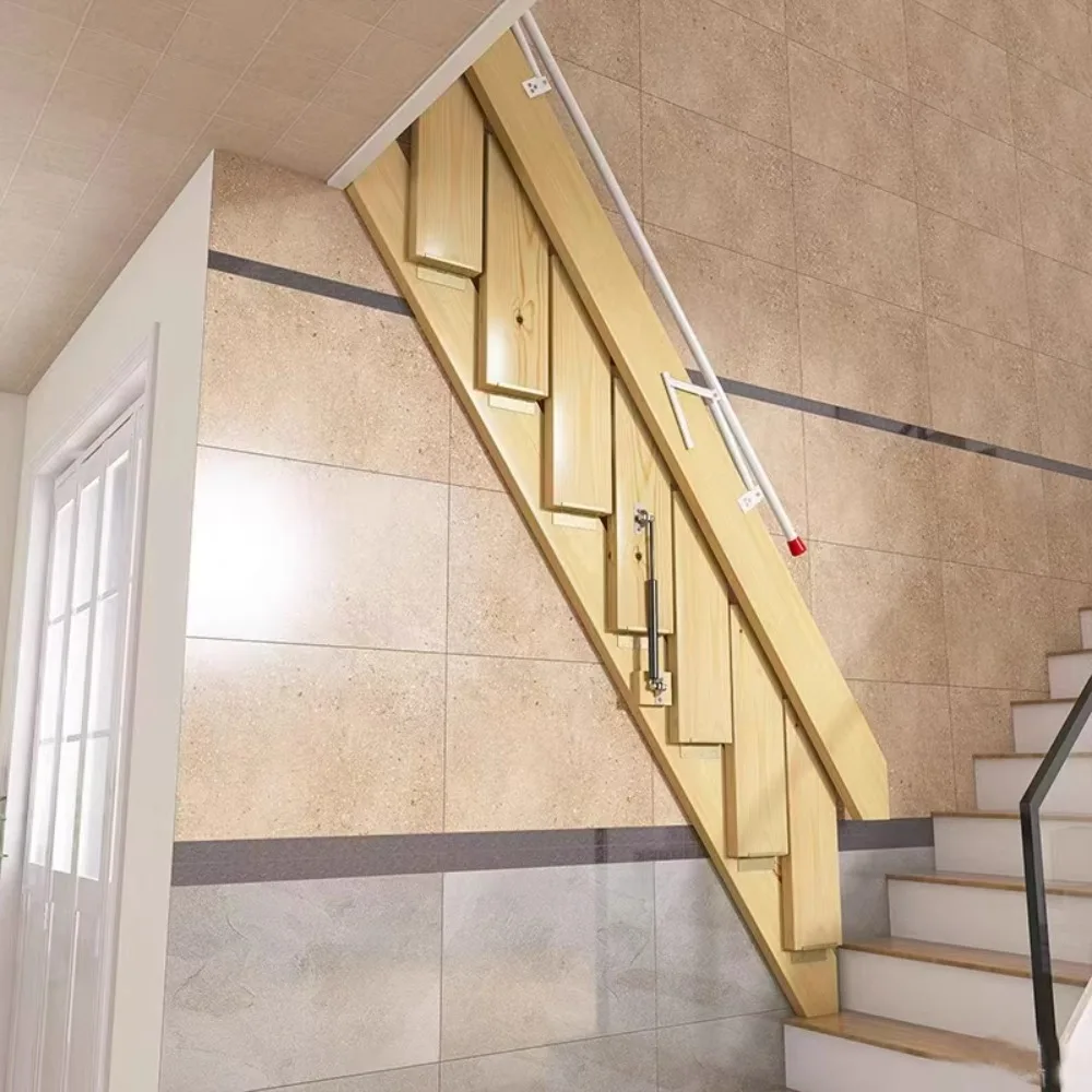 Integral loft solid wood folding stairs indoor invisible wall-mounted shrinkable wall-mounted telescopic ladder single apartment