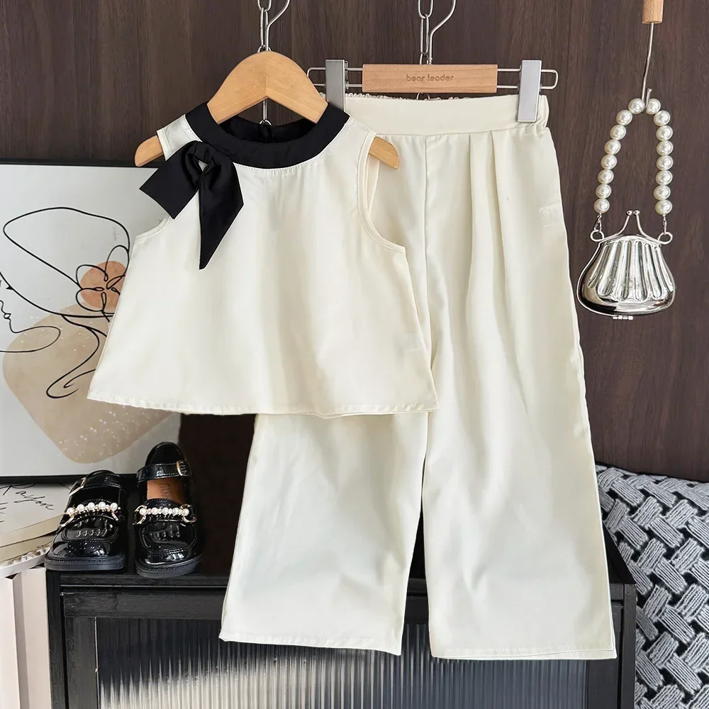 Bear Leader 2025 Summer Korean Version 3-7 Years Girls Suit 3D Bow Sleeveless Top+wide Legs Pants 2-Pcs Set  New Kids Clothing image 2