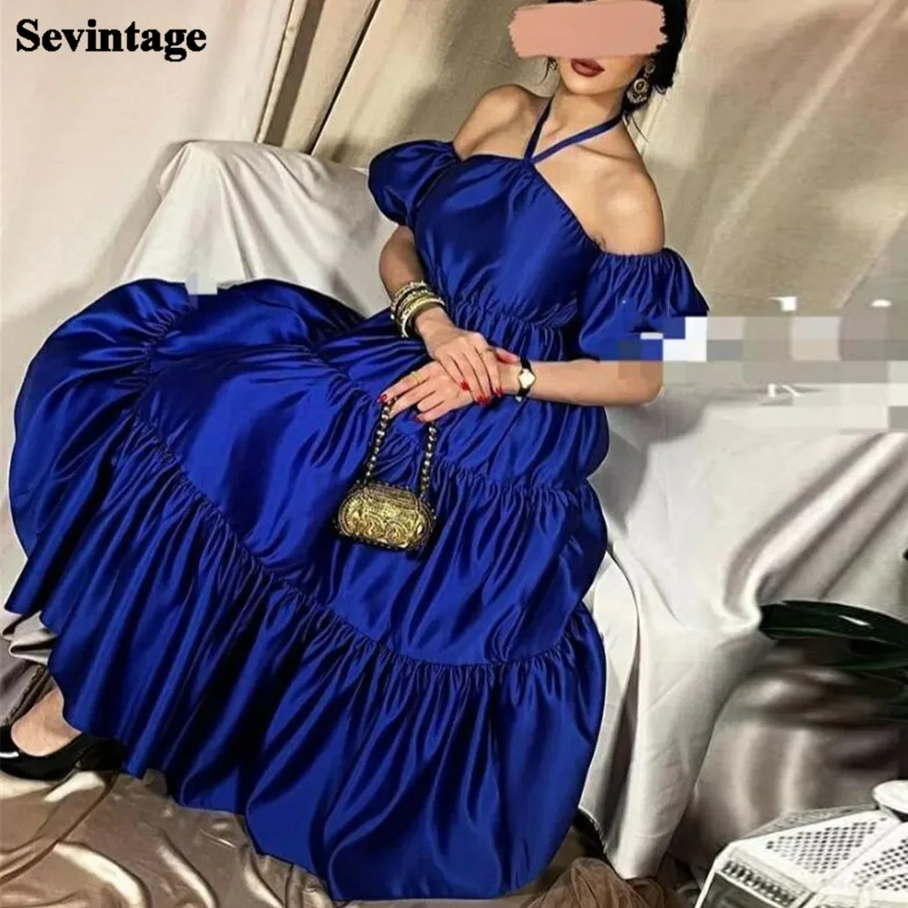 

Sevintage Royal Blue Satin Arabia Prom Dresses Halter Tiered Evening Party Gowns Off The Shoulder Dubai Women Formal Prom Dress