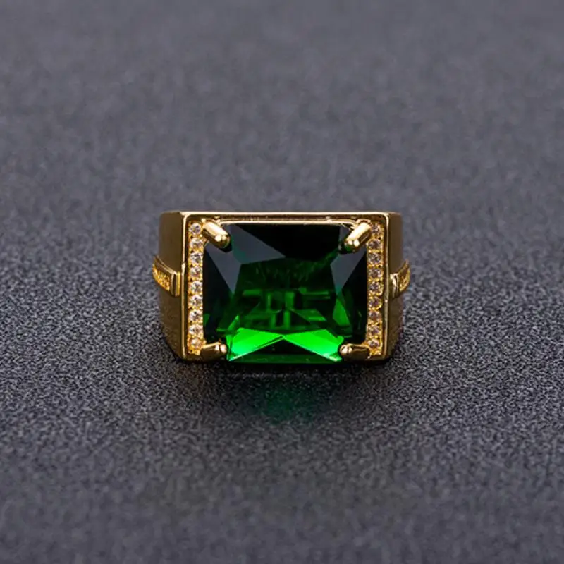 HOYON Popular Emerald Rings Men\'s Jewelry Retro Style Square Ethnic Rings 14k Gold Color Open Green Diamond Ring for Gift box