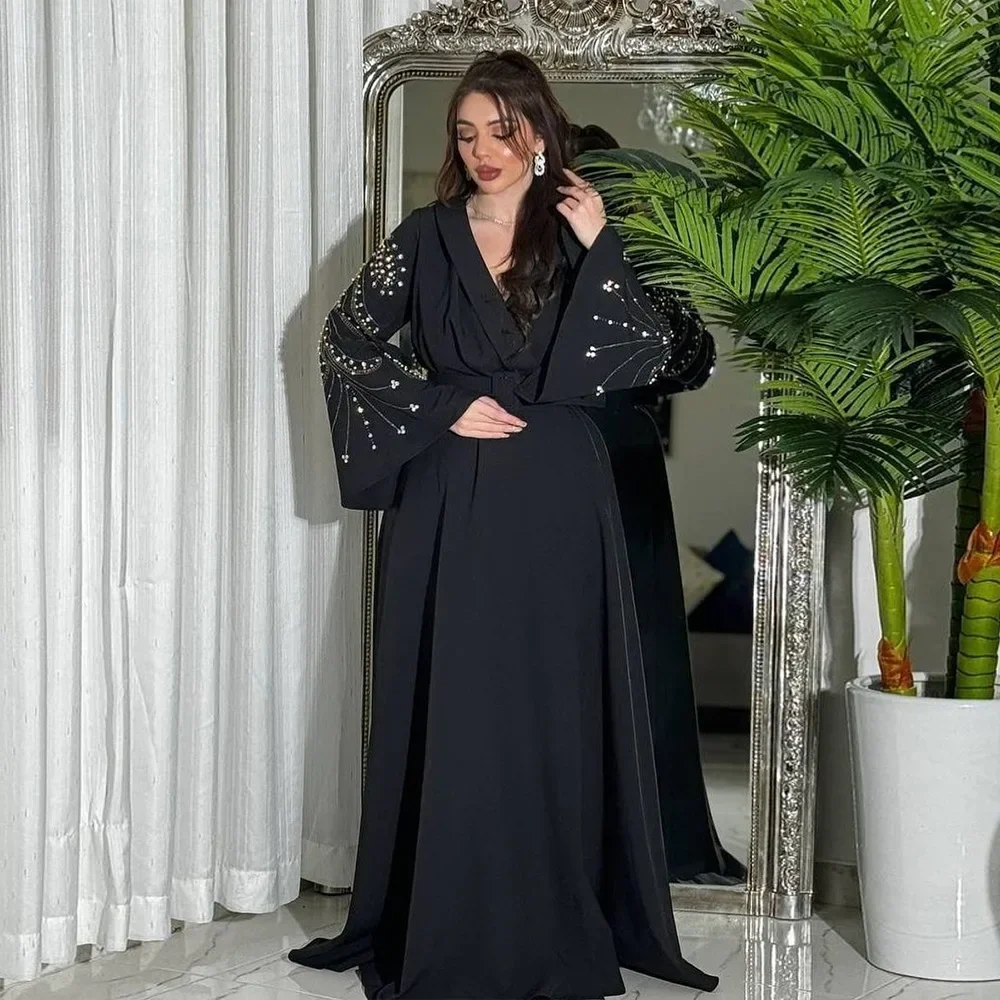 Eid Belted Dress Diamonds Printed Jalabiya Muslim Abaya Women V-neck Arab Lace-up Gown Long Robe Trumpet Split Sleeves Clothing