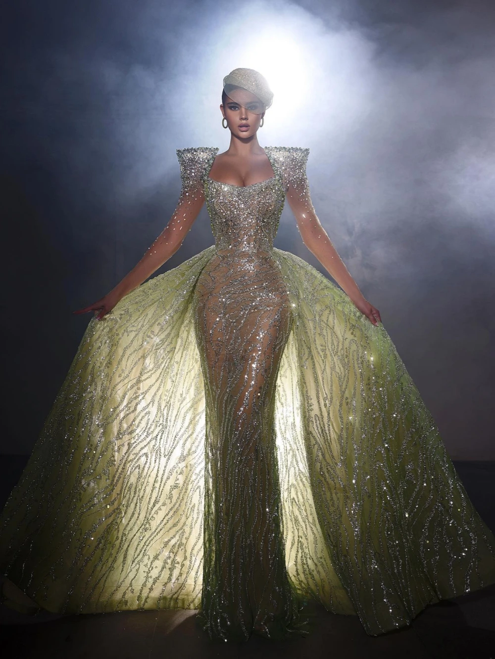 Nieuwe afneembare trein kralen lange avondjurk prachtige strapless schede bruiloft jurk op maat gemaakte lichtgroene galajurken