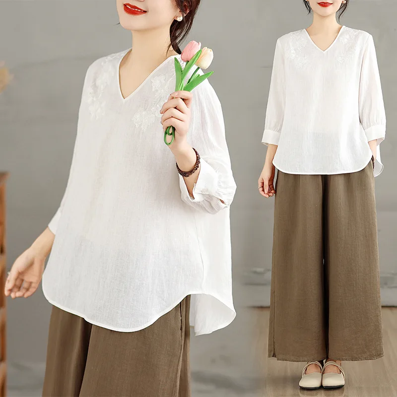 

Women White Blouses Top Shirt Vintage Full Sleeve Tops V Neck Casual Loose Y2k Streetwear Elegant Splice Shirts Spring 2026