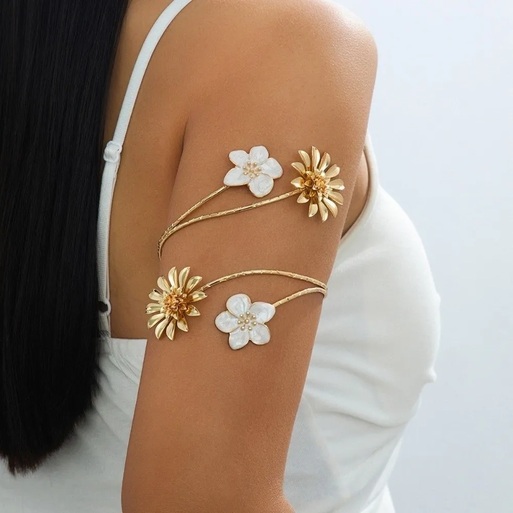 Enamel Glaze Flower Bracelet Alloy Chrysanthemum Armlet Adjustable Open Arm Bangle Exotic Style Cuff Apricot Blossom Armband