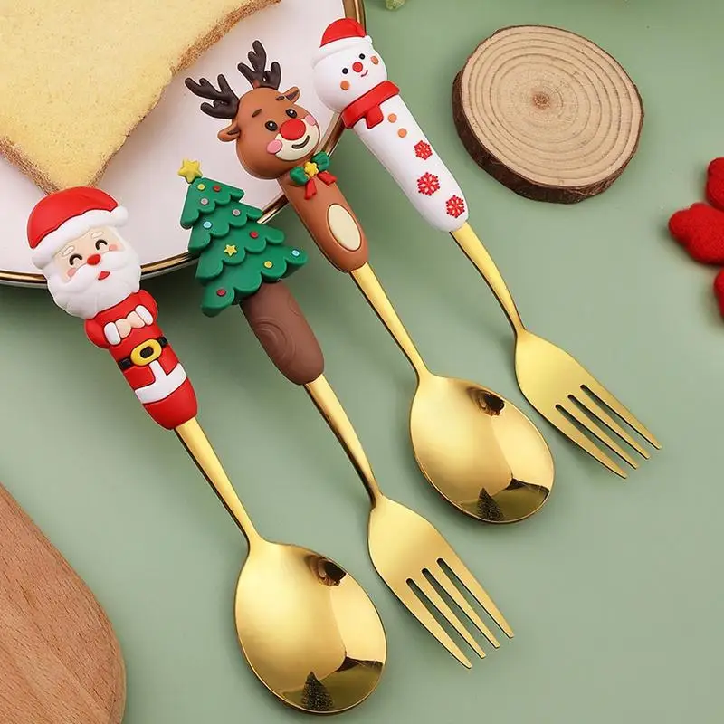 Set da portata natalizio posate in acciaio inossidabile cucchiaio da Dessert forchetta utensili carino babbo natale pupazzo di neve Set di posate per albero di alce