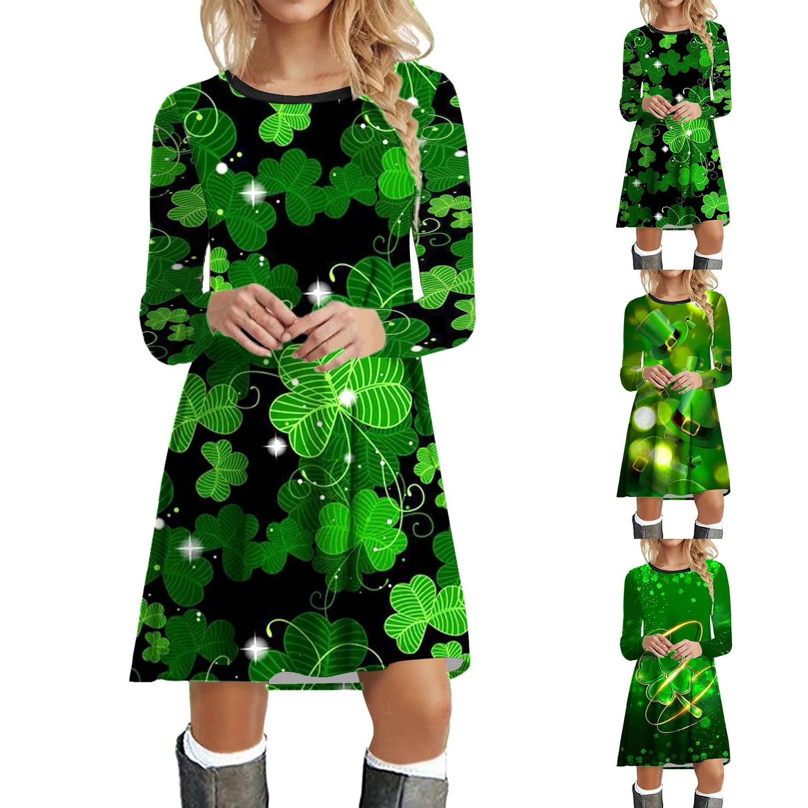 St Patricks Day Costumes Party Dress Women Long Sleeve Fur Collar 1950s Housewife Vintage Spring Sundress Loose Casual Robe Gift