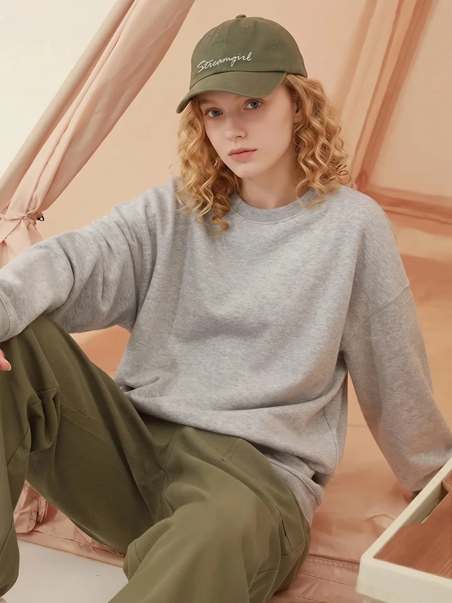 Streamgirl Loose Sweatshirt Women Autumn Basic Plain Sport Cotton Pullover Casual Navy Blue Women Sweatshirts High Quality Tops