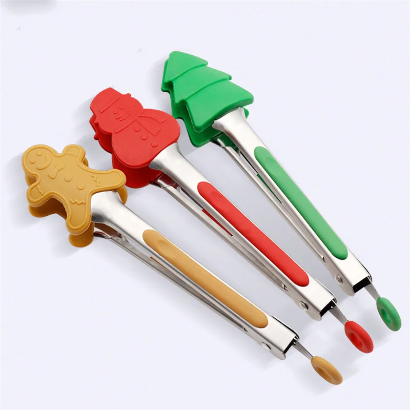 New Christmas Silicone Food Tong Gingerbread Man Snowman Xmas Tree Pattern Cooking Clip Steak Bread Clamp Kitchen BBQ Salad Tool