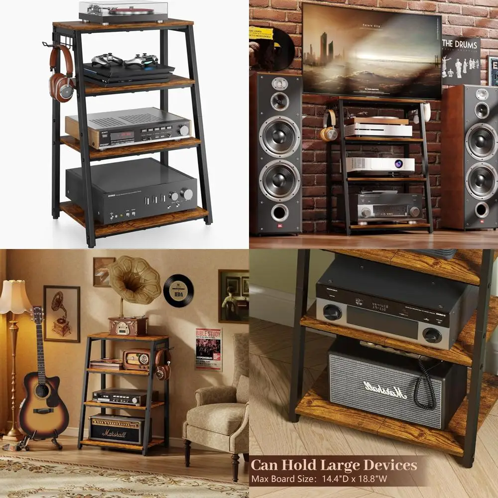 

4-Tier Heavy-Duty Wooden AV Media Stand with Hooks for Stereo Equipment, DVD Players, and Game Consoles