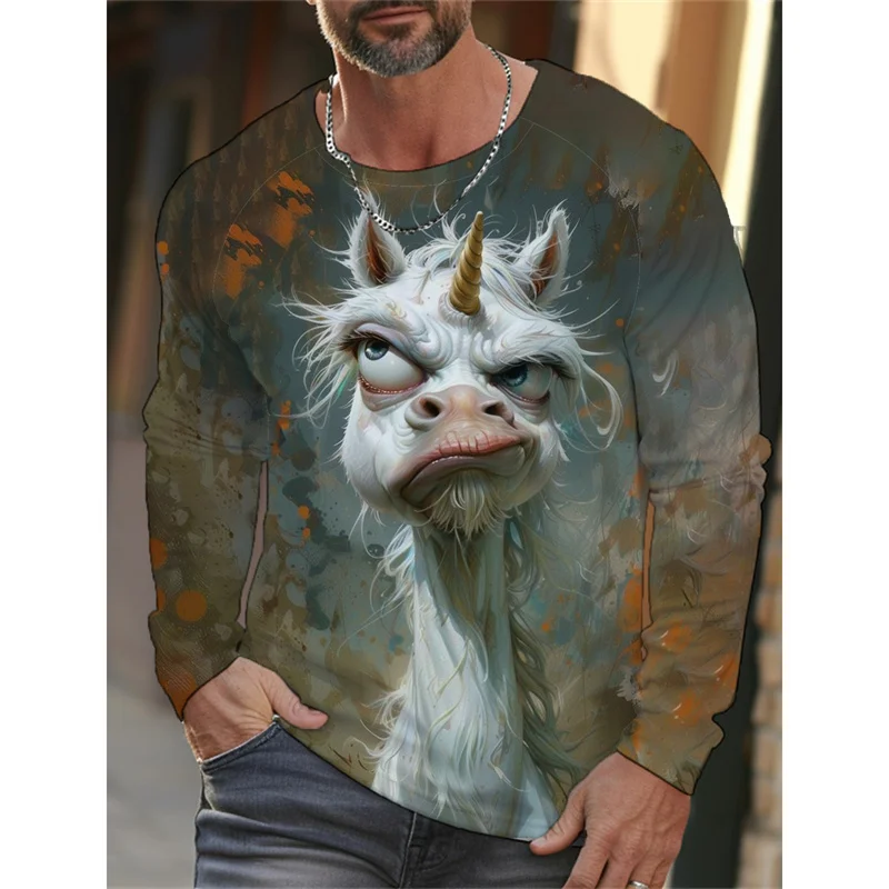 Squirrel Cat Unicorn Pattern T-Shirt For Men Funny 3D Printed T Shirts Autumn Casual Long Sleeves Loose Round Neck Tops Tees