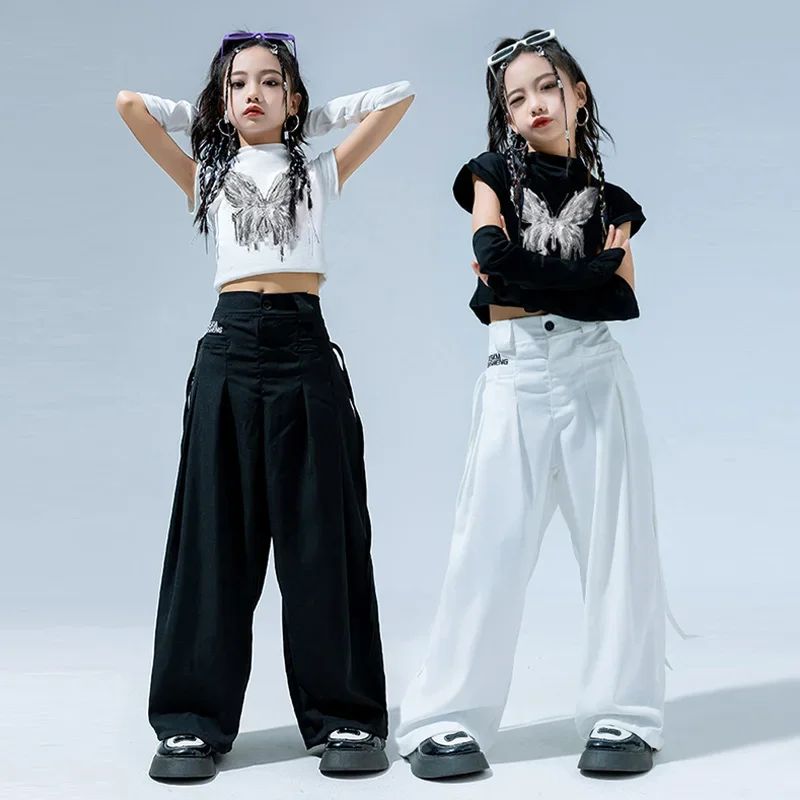

Jazz Dance Costumes Girls Performance Suit Black Crop Top White Shuffle Pants Kpop Hip Hop Stage Outfit Stage Dancewear