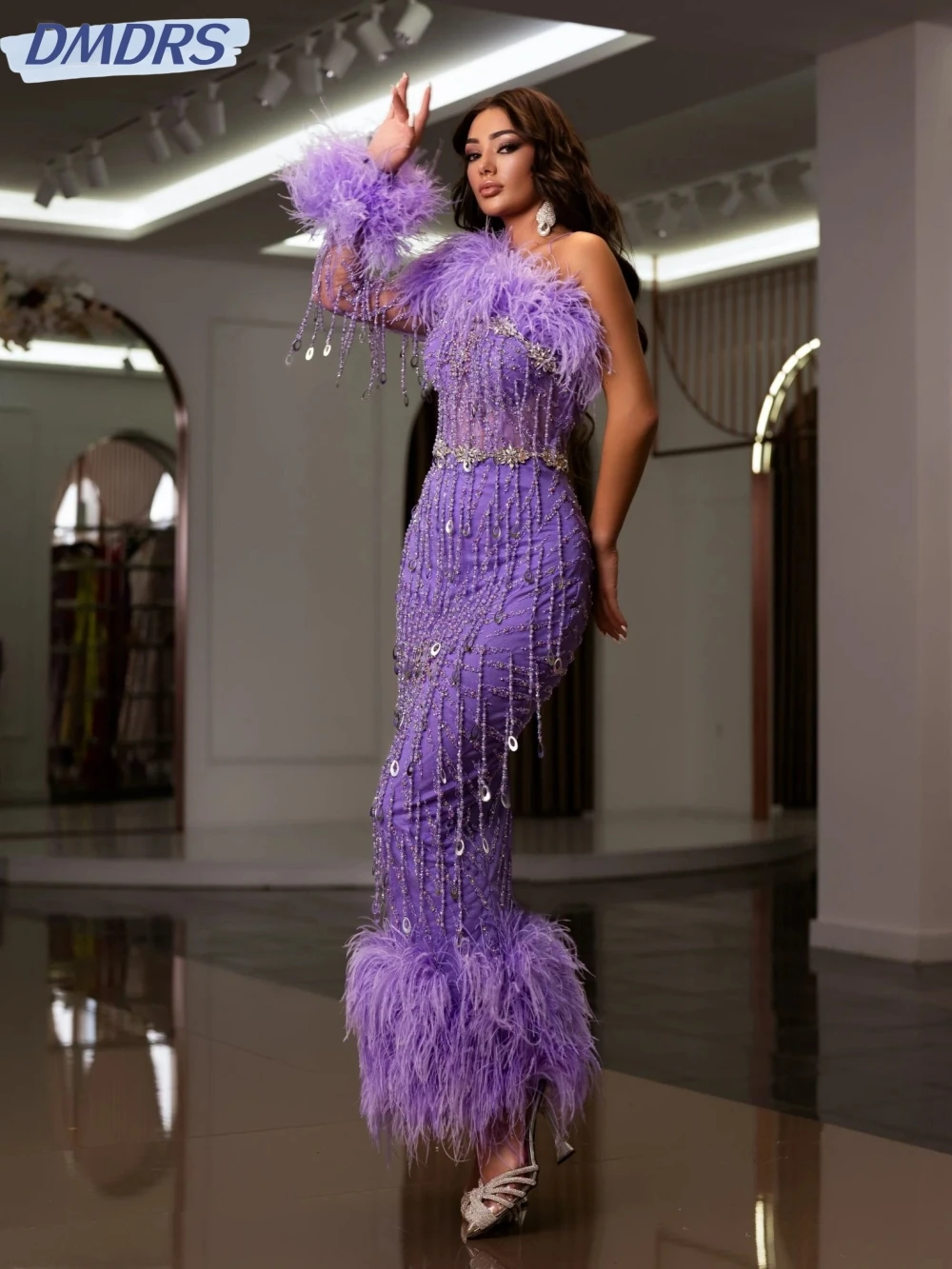 

Purple Luxury Beads Tassel Evening Dress With Feathers One Shoulder Sheath Long Prom Dresses Customized Cocktail Gown For Women