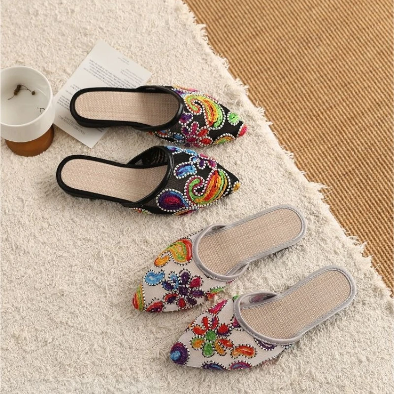 Traditional Women's Embroidered Slippers Summer Pointed Toe Soft Insole Indoor Outdoor Slip On Shoes view 4