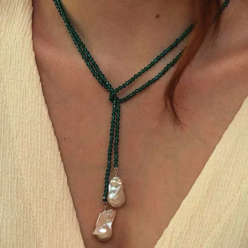 

Faceted Green Sandstone Bead Long Chain Natural Baroque Pearl Pendant Necklace For Women Bohemia Party Sweater Chain Jewelry