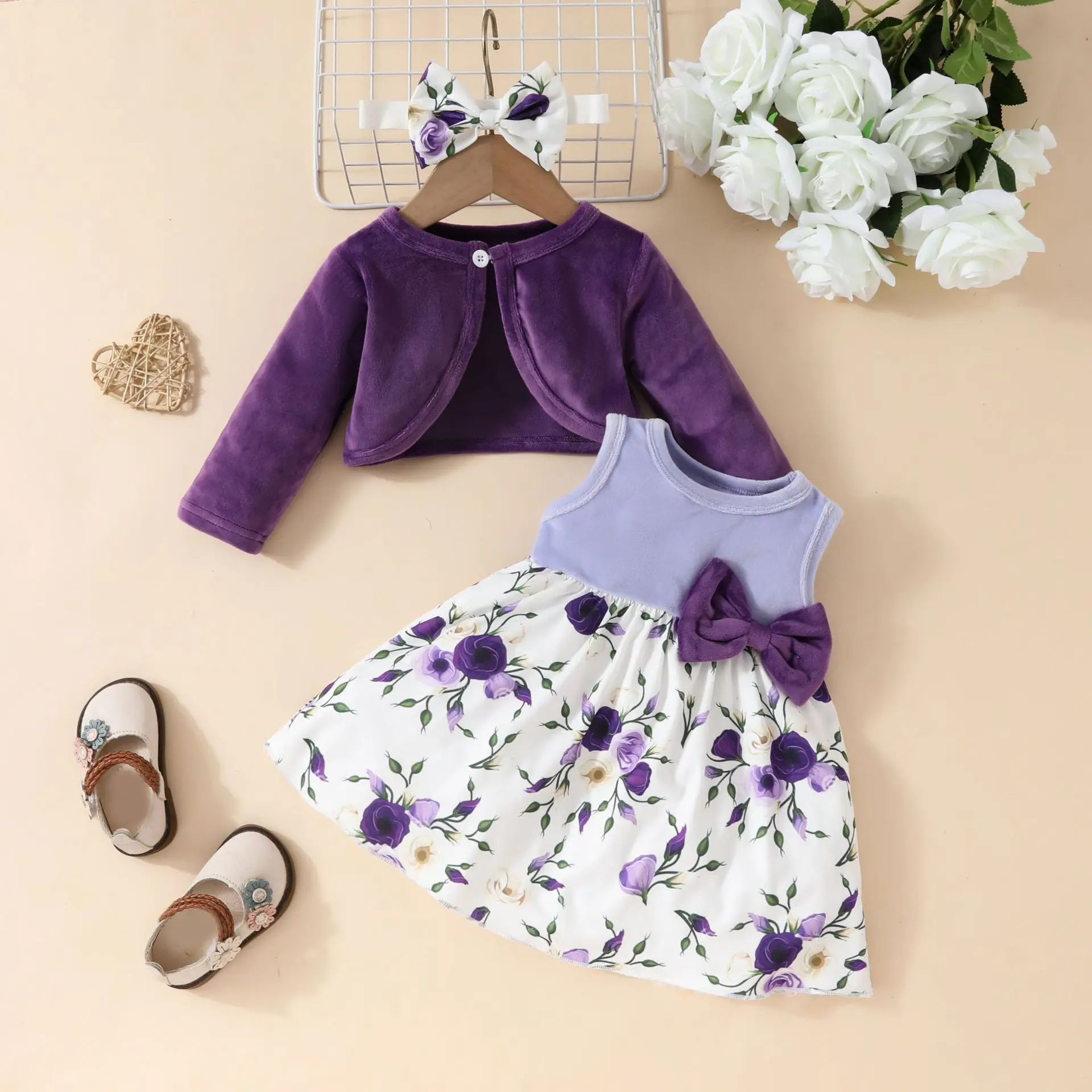 Baby Girls Dress Set Autumn Winter Long Sleeved Solid Coat+Floral Sleeveless Bow Dress Infant Fashion Europe America Outfit