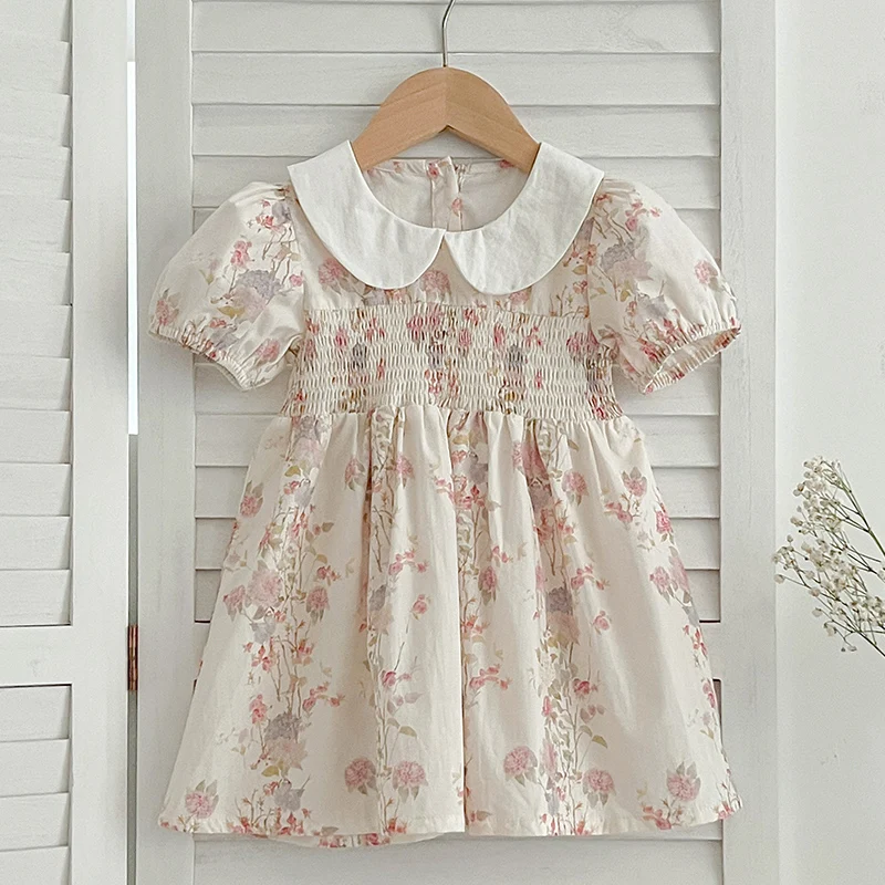 2024 New Summer Sisters Clothes Girls Princess Dress Toddler Baby Bodysuits Short Sleeved Cotton Print Kids Party Dress