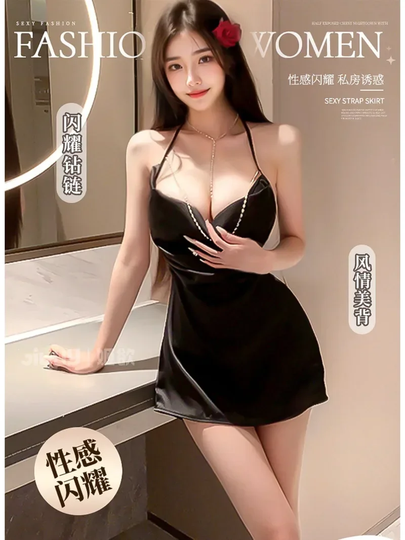 Vriendin Vrouwelijke Sexy Hangende Hals Heldere Diamant Pure Desire Nachtclub Stijl Backless Hemdje Jurk Elegante Pyjama Zoet