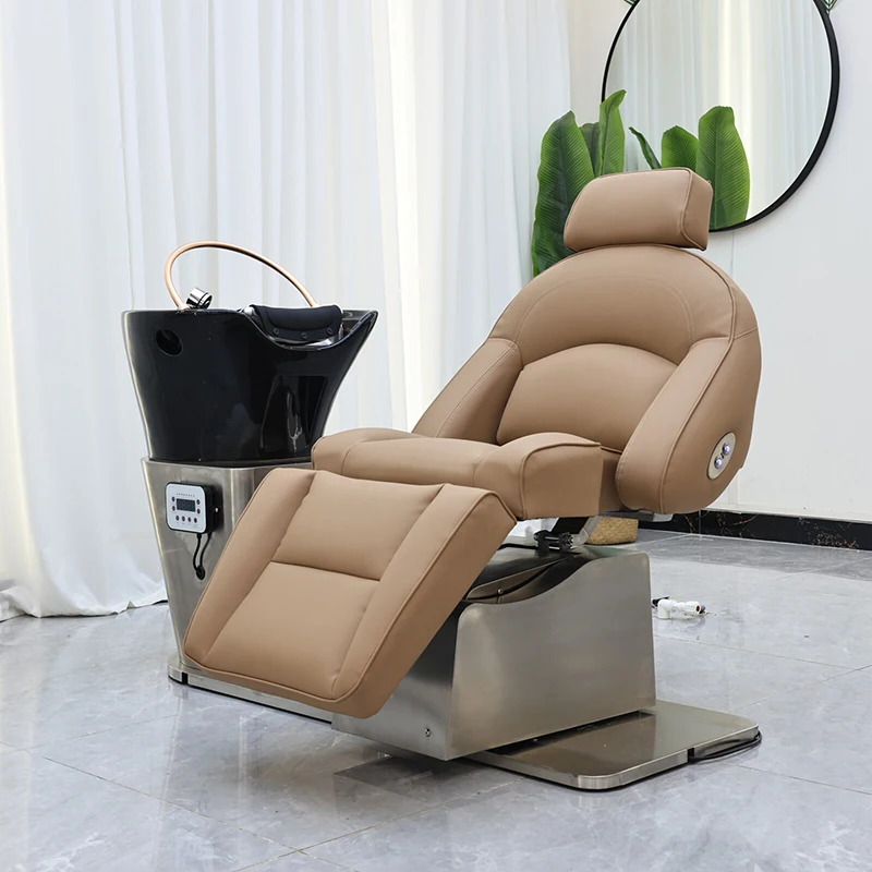 Sillón de Lavado de Lujo para Barbería con Lavabo de Cerámica Negra, Base Moderna de Acero Inoxidable y Rotación, Sillón Cama para Champú