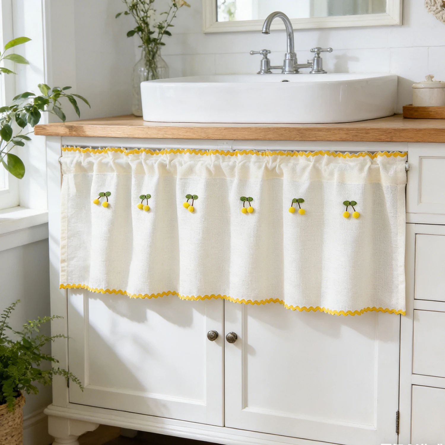 

Rustic Faux Linen Semi Sheer Curtain with Wavy Trim, with Cherry Decor Farmhouse Curtain for Kitchen Window Half Curtain Panel