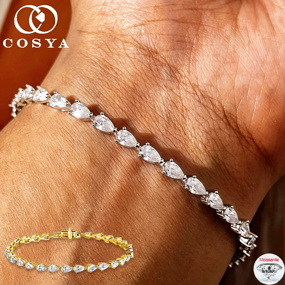 COSYA 3*5MM Pear Cut Full Moissanite Tennis Bracelet For Women S925 Silver Plated 18K Waterdrop Lab Diamond Wedding Jewelry Gift