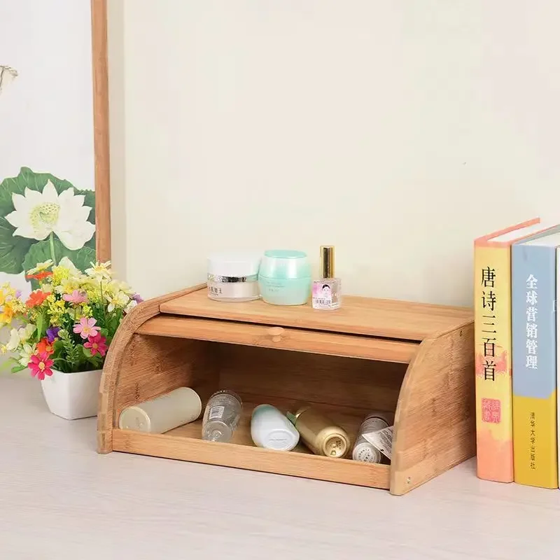 Wooden Bread Box Compact Rolltop Bread Bin Storage Container Eco-Friendly Organizer 40x24x17cm