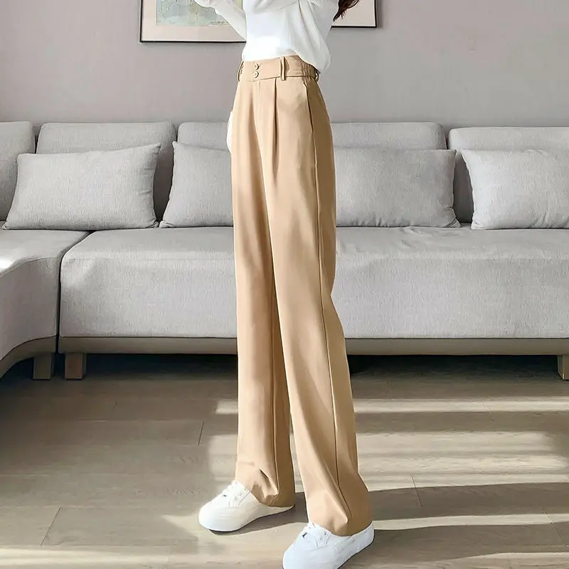 Dark Green Ice Silk Suit Wide-Leg Pants for Women Ladies Office Pants Autumn High Waist Drooping Straight Loose Casual Trousers