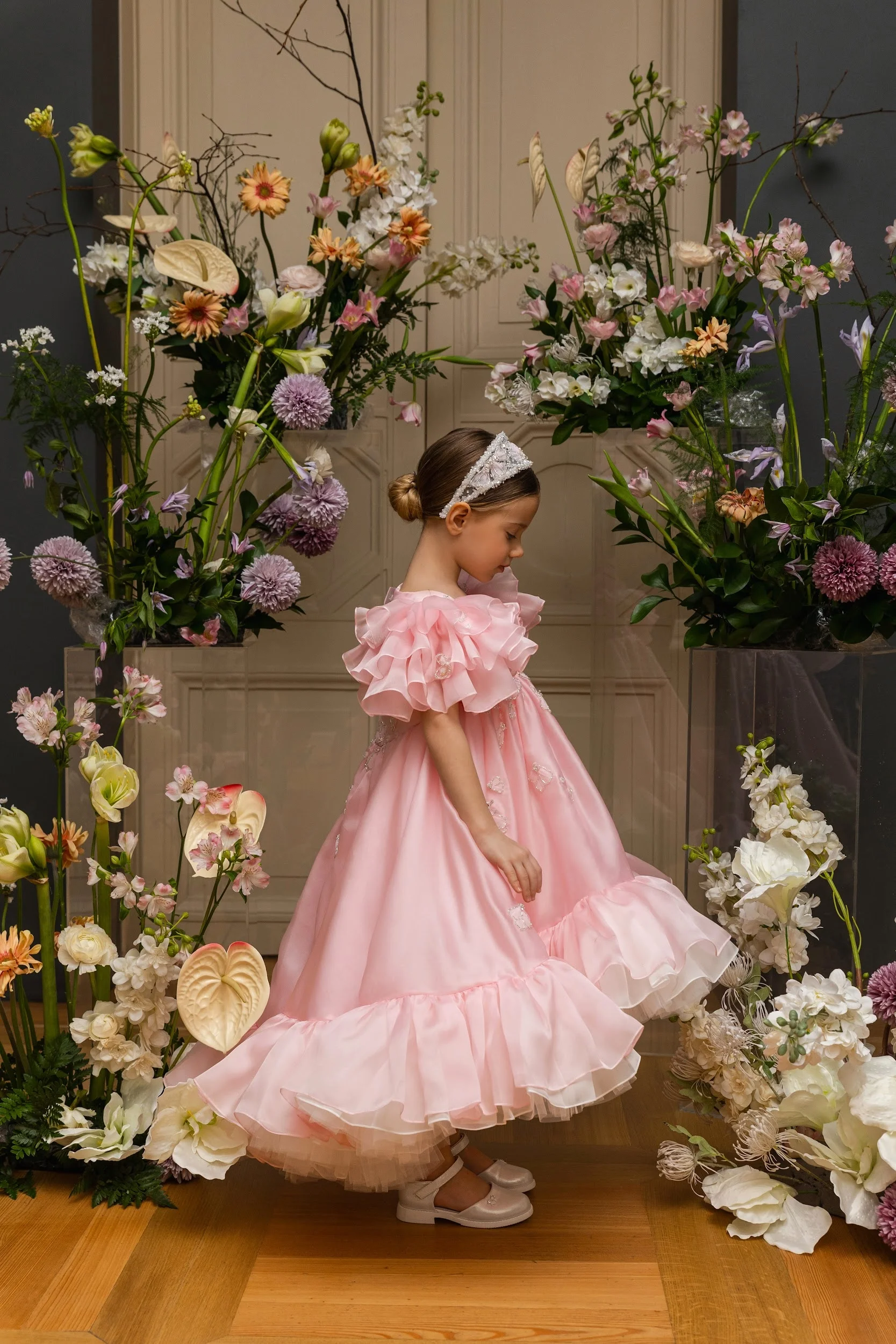Rosa babados vestidos da menina de flor para o casamento personalizado alta baixa princesa vestidos festa aniversário da menina primeira comunhão vestido