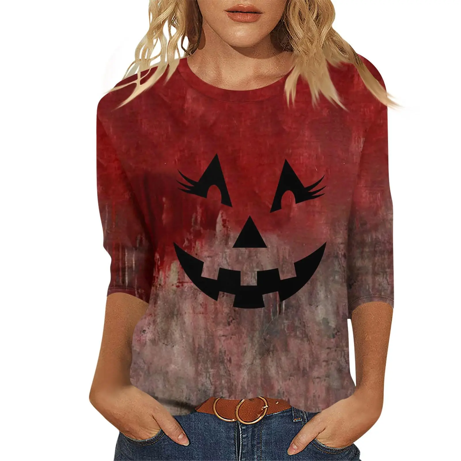 

Seven Inch Sleeve Autumn Halloween Series Loose Blood Clot Pumpkin Lantern Horror Pattern Top For WomenWA21